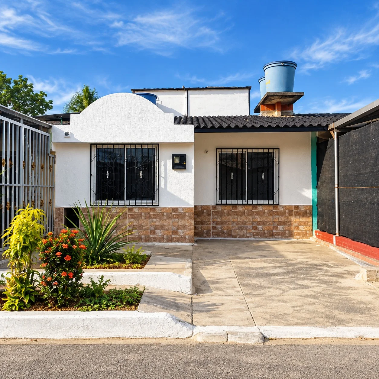 Fachada blanca con jardín de una casa en San Jorge, Neiva